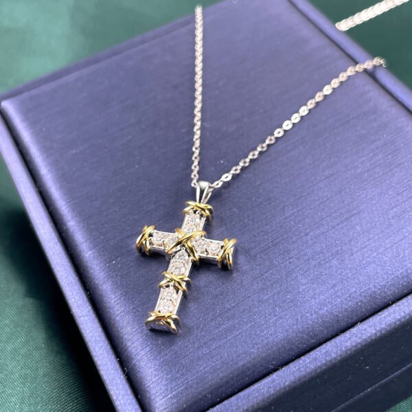Silver Two-Tone Cross Moissanite Necklace