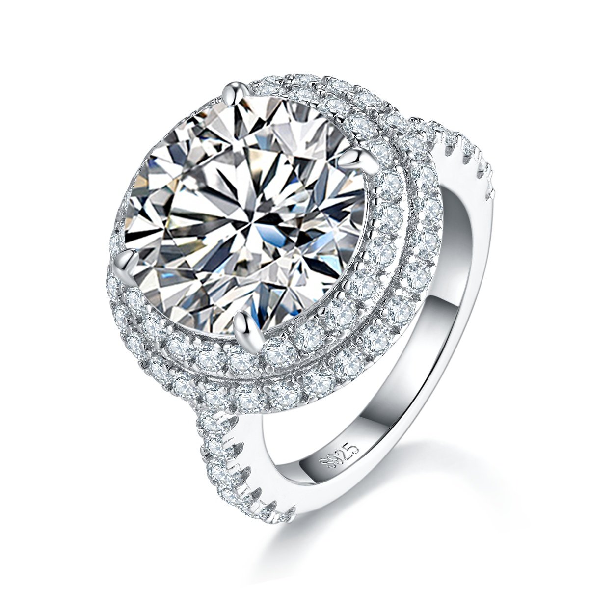 S925 Sterling Silver 8ct Moissanite Ring, 13mm D-VVS1 Double Halo Pave Band