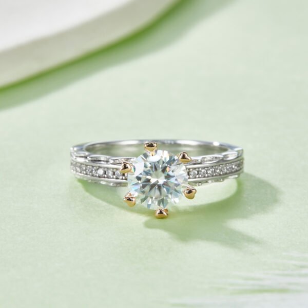 Sterling Silver 1ct Moissanite Ring, 6.5mm Round Cut With Gold Heart Prongs
